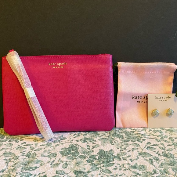Kate Spade Pouch / Wristlet & Opal Glitter Small Square Stud Earrings 2 Pc Set